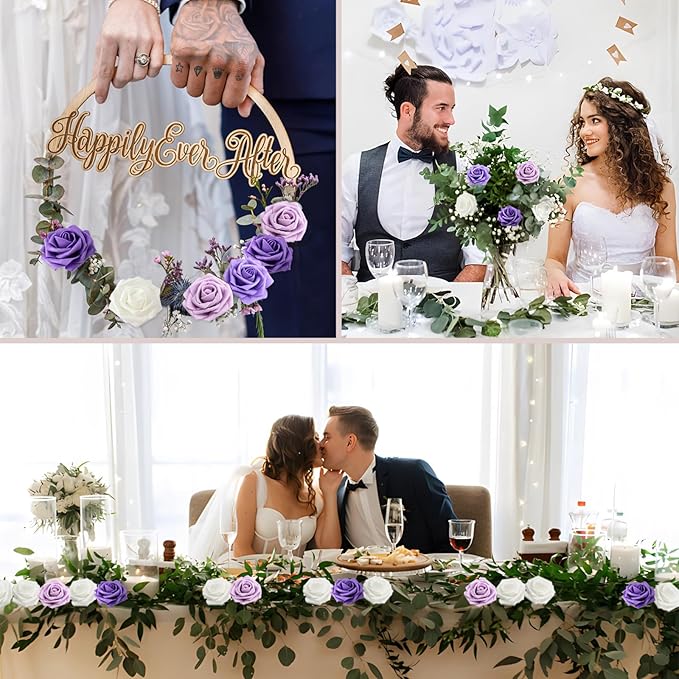 200PCS Artificial Flowers Purple Mixed Series Roses Real Looking Foam Fake Roses with Leaves and for DIY Wedding Bouquets Bridal Shower Centerpieces Party Decorations (Purple Series, 200)