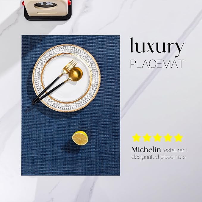 LEXMORE Placemats Set of 4 Vinyl/Plastic Woven Place Mats for Kitchen Table Indoor/Outdoor Washable Placemat Wipeable Dining Table Mats(Navy Blue)