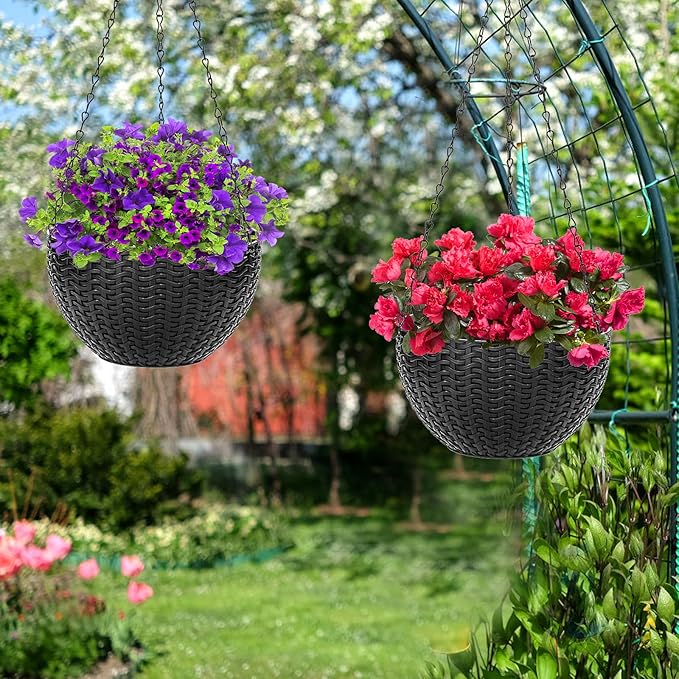 Foraineam 4 Pack Black Hanging Planters, 8.2 inch Hanging Flower Basket Planter Pots, Garden Plant Pot Container, Balcony Patio Hanging Basket Planters with Drainage Hole for Indoor and Outdoor Use