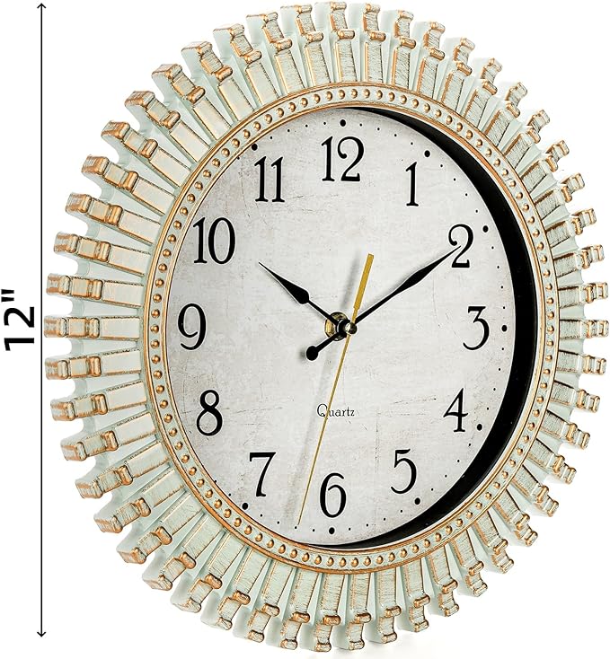 12" Retro Wall Clock, Silent Non-Ticking Round Clock, Aqua Battery Operated Quartz Clock, Plastic Vintage Clocks for Living Room Bedroom Kitchen Home Office Classroom School Decor