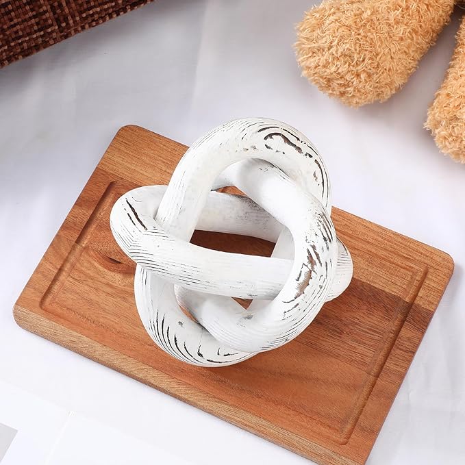 Yalikop 3 Link Wood Knot Decor - Hand Carved Coffee Table Decoration, Boho Chain Link Decor, Modern Shelf, Rustic Objects for Home Living Room Bedroom(Retro White)