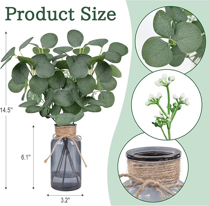 Artificial Eucalyptus Stems in Black Glass Vase 14" 6Pcs Faux Eucalyptus Branches Home Table Decor Fake Plants Stems for Farmhouse Kitchen Bathroom Decorations