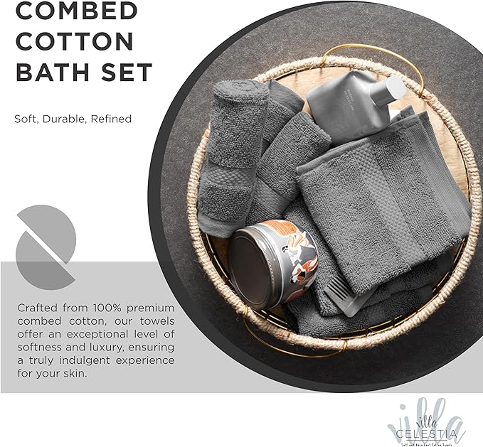 100% Combed Cotton Bathroom Towel Set of 10- 2 Bath Towels, 4 Hand Towels, 4 Wash Cloths, Sustainable, Soft, Highly Absorbent 10 Piece Cotton Bath Towel Set Ideal for Hotels, Spa, Bathroom, Dorm, Grey