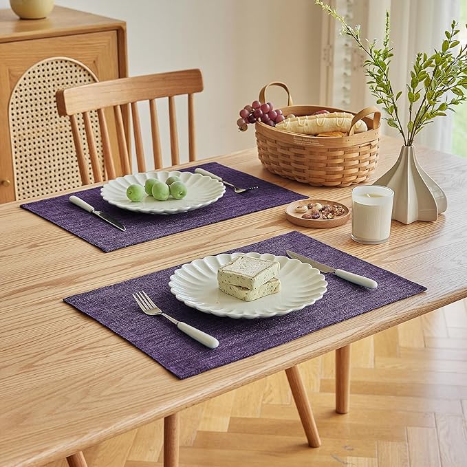 Softalker Faux Linen Placemats Set of 8-12 x 18 Inch, Heat Resistant Double Layered Durable Burlap Farmhouse Place Mats, Non-Slip Washable Rustic Table Mats for Dining, Kitchen, Party(Purple