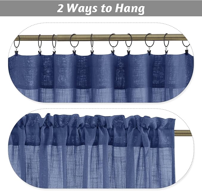 RYB Home Linen Sheer Curtains - Linen Textured Wave Semi Sheer Curtains Light & Airy for Bedroom Bathroom Kitchen Window Decor, Navy Blue, Wide 52 x Length 45 inch, 2 Panels