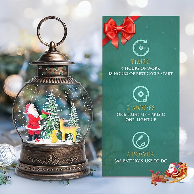 Christmas Snow Globes, 9.45" Santa Claus Glitter Water Lantern with 8 Songs, 6H Timer Battery & USB Powered Music Box for Christmas Decorations Indoor