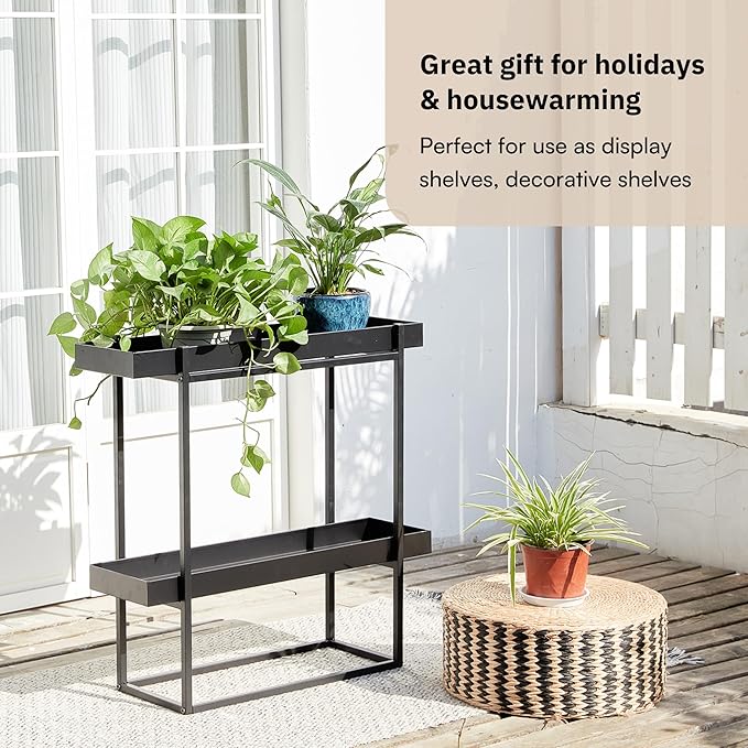 2 Tier Plant Stand Indoor Outdoor - 29 x 9 x 28 Inches Plant Shelf for Home and Office Decor - Narrow Plant Stand for Lawn, Patio, Balcony and Living Room - Heavy Duty Iron - Black