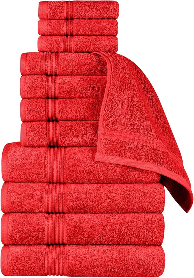 Superior Egyptian Cotton 12-Piece Towel Set, Assorted Towels for Home Bathroom, Master, Guest Bath, Decor Essentials, Includes 4 Bath, 4 Hand, 4 Face Towels/Washcloths, Quick Dry, Absorbent, Red