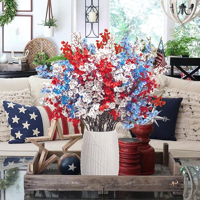 Uieke 15 Pcs 4th of July Artificial Flowers Fake Patriotic Babys Breath Flowers for Independence Day Decor Blue White Red Silk Flowers for Memorial Day Floral Arrangement Home Wedding