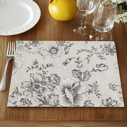 JINCHAN Floral Placemats Set of 4 Farmhouse Fall Autumn Linen Placemats Cloth Table Mats Holiday Seasonal Rustic for Kitchen Dining Table Decor Heat Resistant Washable Tablemats 13x19 Inch Black