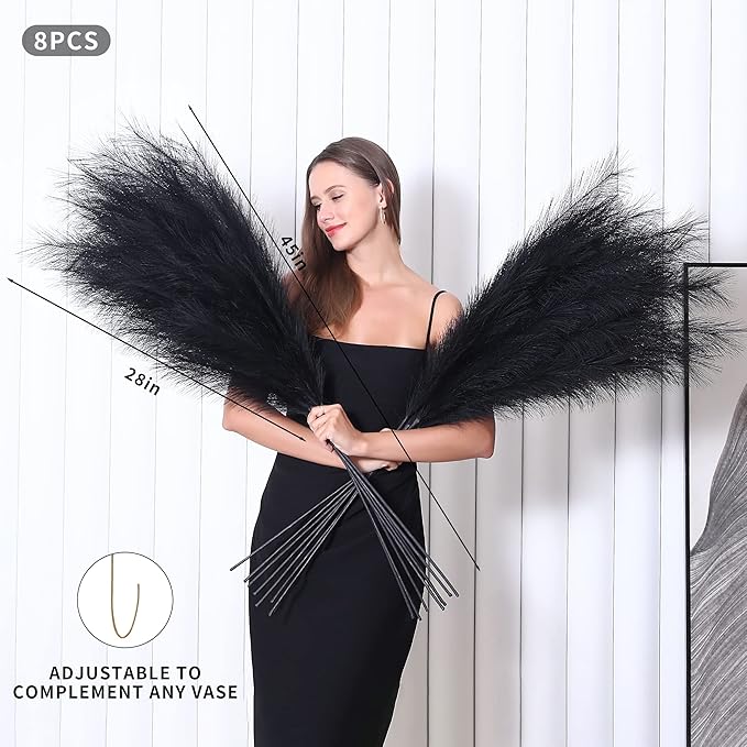 8 Pcs 45 inch Tall Faux Pampas Grass Decor, Large Artificial Black Pompous Grass Bulk, Long Fake Pompas for Floor Vase Filler, Wedding, Baby Shower, Home and Boho Decor (Black)