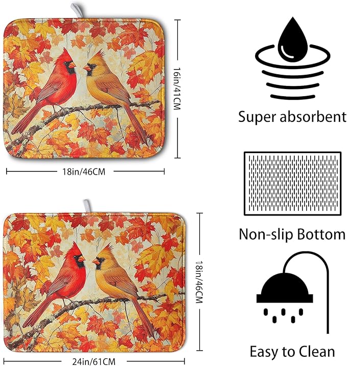 Fall Dish Drying Mats for Kitchen Counter Maple Leaf Cardinal Birds Dish Draining Mat 18x24 Inch Autumn Thanksgiving Dish Rack Mat Microfiber Absorbent Dish Drainer Pad