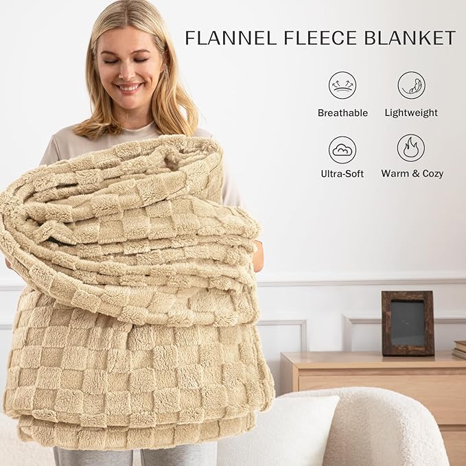 Exclusivo Mezcla Fleece Throw Blanket for Couch,Super Soft and Warm Lightweight Checkered Pattern Blankets for All Seasons,50x60 Inches, Beige