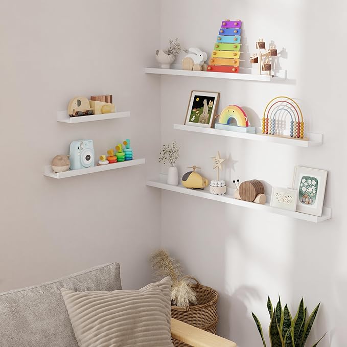 Picture Ledge Shelf, Solid Pine Wood Rustic Floating Shelves for Wall, 48 Inch Long Floating Shelves with Lip for Bedroom Kitchen Living Room Nursery Display-Set of 2 (White)