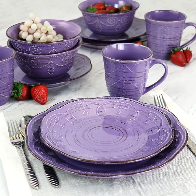 Elama Rustic Birch 16 Piece Stoneware Dinnerware Set in Purple, (EL-RUSTICBIRCH)