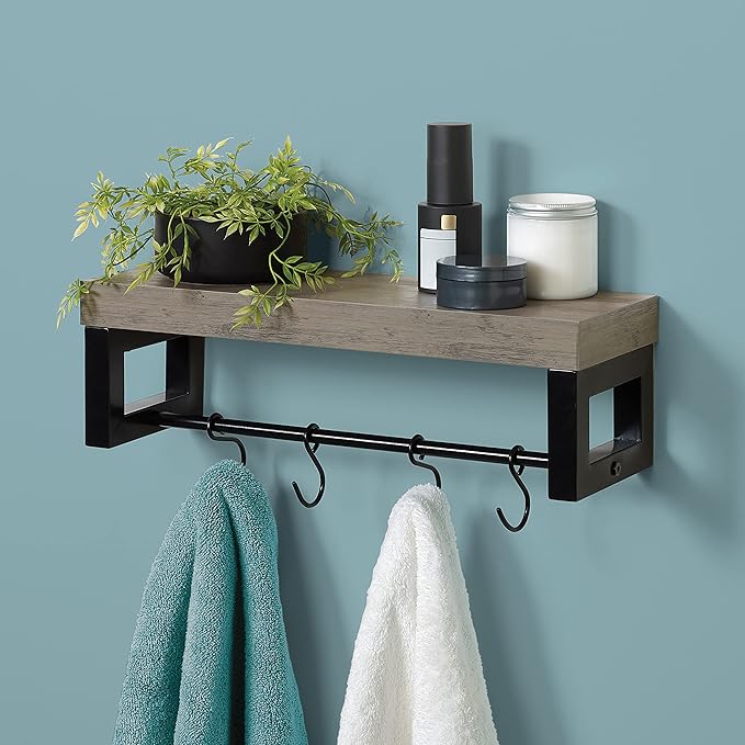 Zenna Home Wall Mounted Storage Shelf, Wood Shelf with Towel Bar and 4 Adjustable Hooks, Easy to Assmble Shelving Unit for Small Spaces, Driftwood and Matte Black Finish