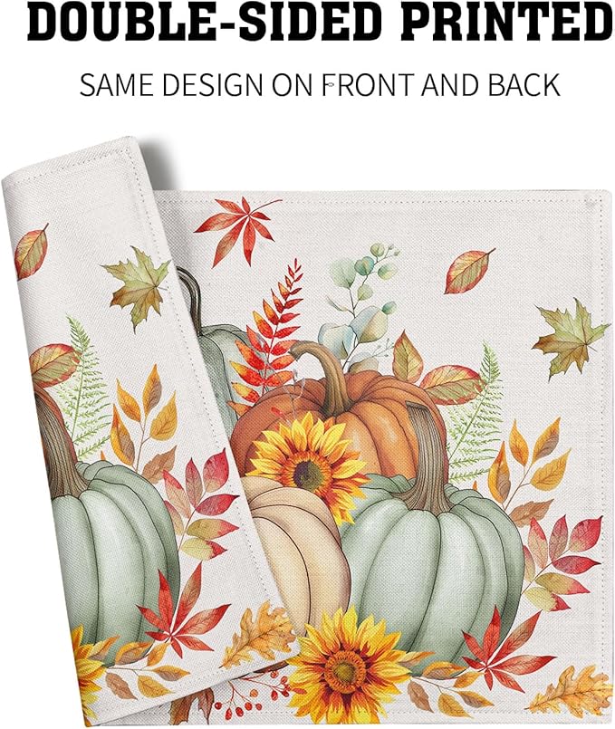 Pumpkins Maple Leaves Placemats Set of 4 Sunflowers Autumn Thanksgiving Table Mats 12 x 18 Inch Farmhouse Decoration for Party Dining Kitchen