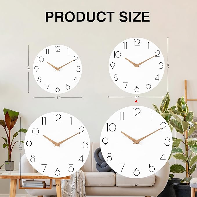 Wall Clock, 10 Inch Wooden Silent Non-Ticking, Decorative Battery Operated Wall Clocks for Bedroom, Kitchen, Home, Living Room, Office, School, Hotel (White)