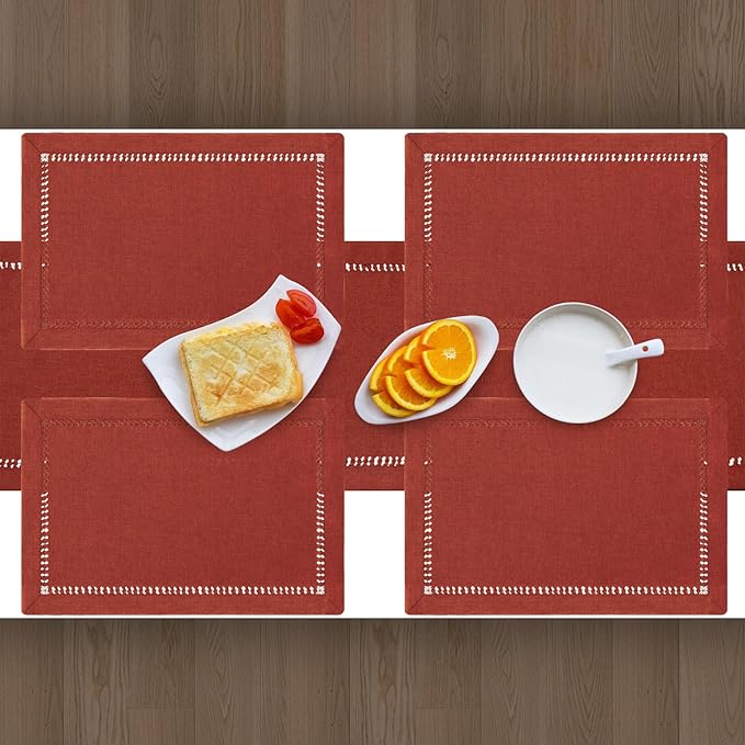 Grelucgo Handcrafted Solid Cinnamon Color Dining Table Placemats for Fall or Autumn, Double-Hemstitched (Cinnamon, 12 x 18 Placemats (Set of 4))