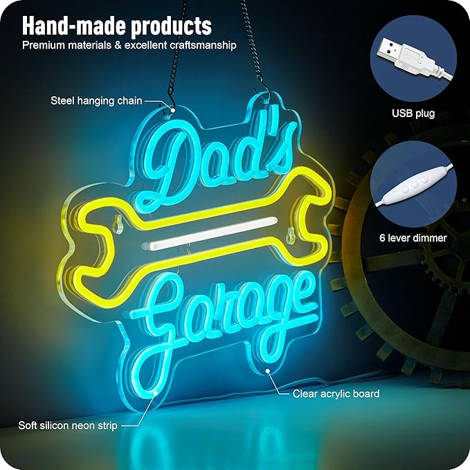 Garage Neon Sign for Wall Decor Dad's Garage LED Light Car signs for Auto Repair Shop Man Cave Workshop Gift for Father 12.6 x 16.5 in