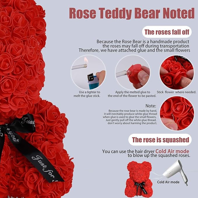 RECUTMS Rose Teddy Bear, 10 inch Artificial Flower Bears with Lights,Lighted Up Roses Gifts for Valentines Day Mothers Day Wedding Anniversary Birthday Halloween Home Bedroom Decoration(A-Black