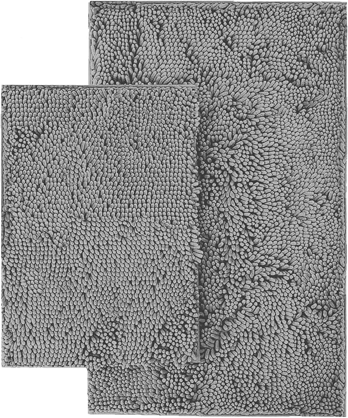 LuxUrux 2 Piece Bathroom Rug Set - Premium Plush Bath Mat Shower Rugs, 1" Chenille Microfiber, Non-Slip & Absorbent, Soft & Cozy, Durable Stylish (20x30 & 16x24 inches, Light Grey)