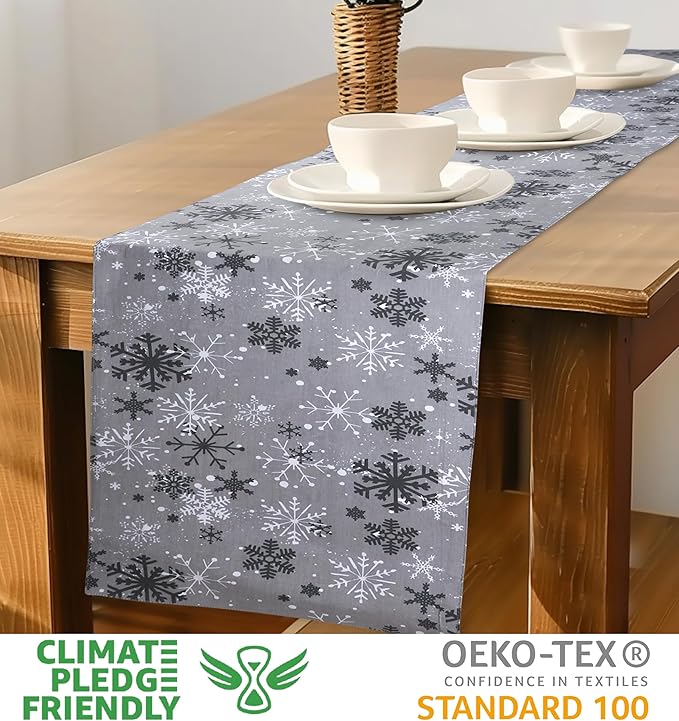 Urban Villa Christmas TableRunner Grey Snowflake Table Runner 14”x72” 100% Cotton Over Sized Runner Heavier Quality Table Runner for Christmas Celebrations Dining WeddingDinner Parties Everyday Use