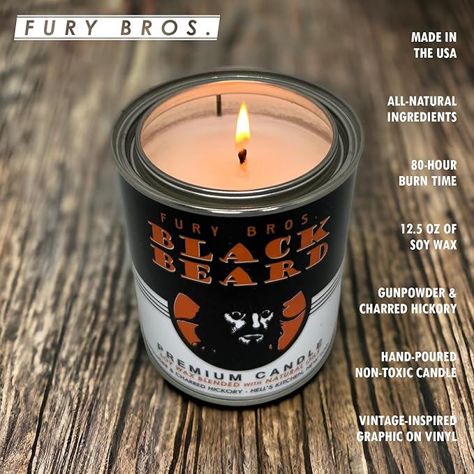 Scented Candles for Men | Black Beard | Gunpowder & Charred Hickory | Natural Soy Wax | Hand-Poured in the USA | Long 70-80 Hour Burn (12.5 oz) | Vintage-inspired Tin Design | Dad Home Gift