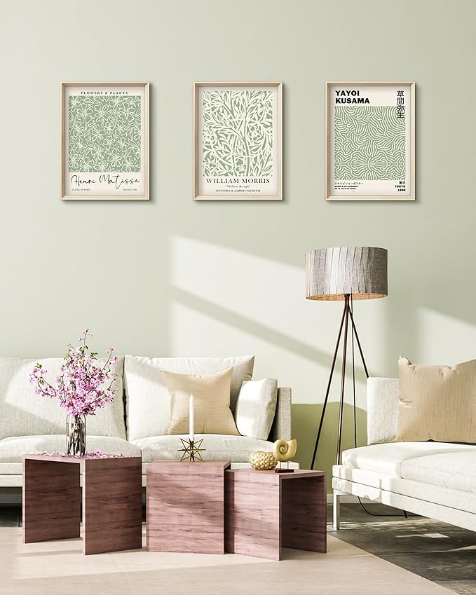 HesenDot Framed Matisse Sage Green Wall Art,William Morris Canvas Wall Decor,16x12IN High Framed Wood Design Prints,Minimalist Classic Decor Aesthetic for Living Room,Bedroom,Bathroom Set of 3