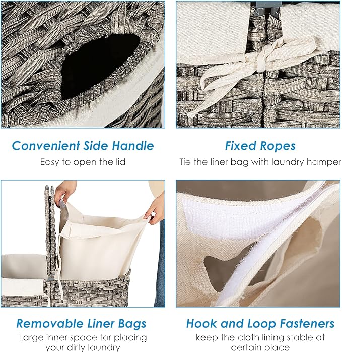 MAT EXPERT Rattan Laundry Hampers, Laundry Baskets with 2 Detachable Canvas Bags, Divided Laundry Hamper with Lids & Handles, Handwoven Oval Landry Bin, Clothes Hamper for Laundry Room/Bedroom (Grey)