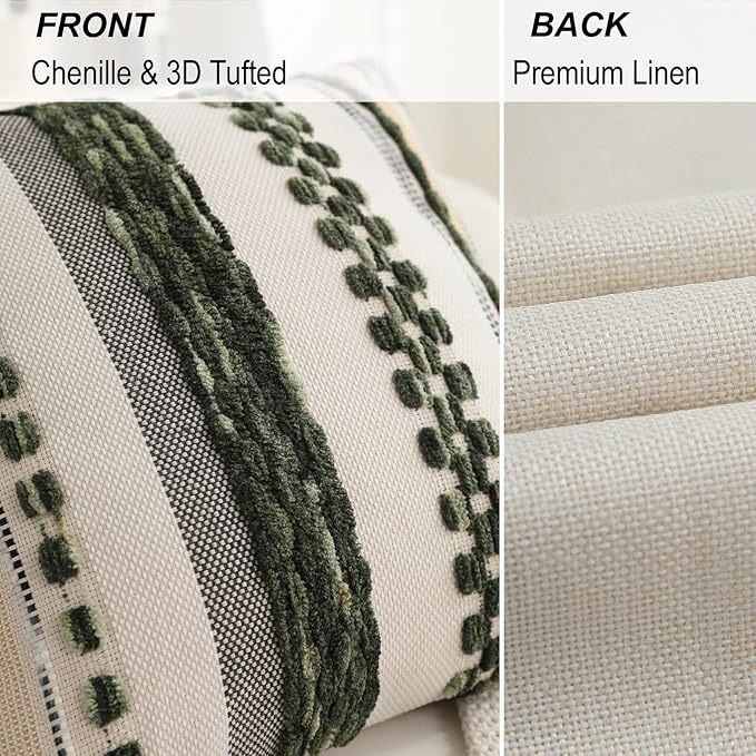 Boho Pillow Covers 18x18 Set of 2 for Couch-Modern Farmhouse Sofa Green Decorative Throw Pillow Covers Textured Chenille Cushion Covers Outdoor Netural Bohemian Bed Pillow Cases Square