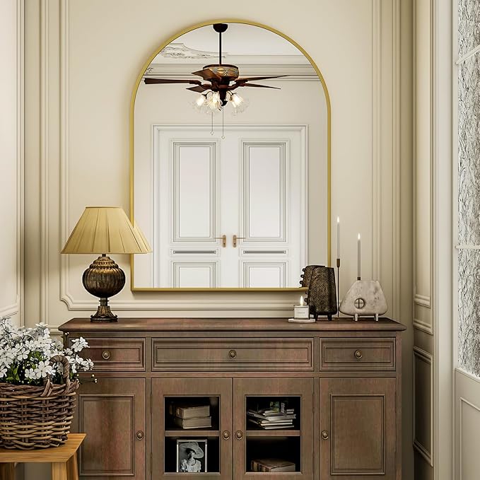 Arch Bathroom Mirror, 24x36 Inch - Wall Mounted Vanity Mirror with Aluminum Alloy Frame - Ideal for Living Room, Bedroom, Bathroom, and Entryway, Hanging or Leaning, Gold