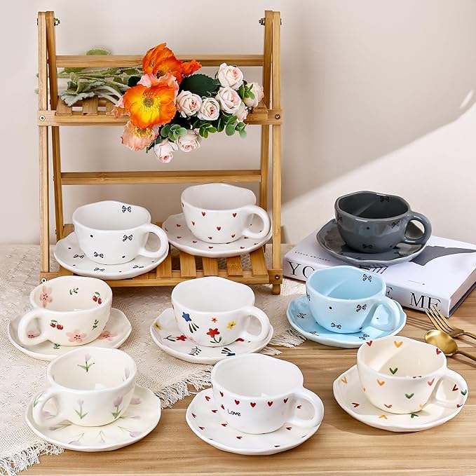 Koythin Ceramic Coffee Mug with Saucers, Handmade Flowers Mugs, Cute Cup for Girl Women, Aesthetic Tea Milk Cup with Handle, 8.5 oz/250 ml for Latte, Cocoa, Office, Home (Pink Cherry Flowers)