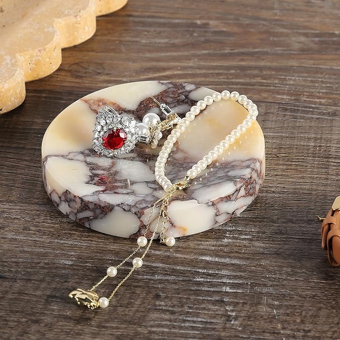 Koville Luxury Italy Calacatta Viola Marble Jewelry Dish, Small Round Trinket Dish for Ring Necklace Earring, 4" Marble Decorative Tray, Aesthetic Home Table Decor