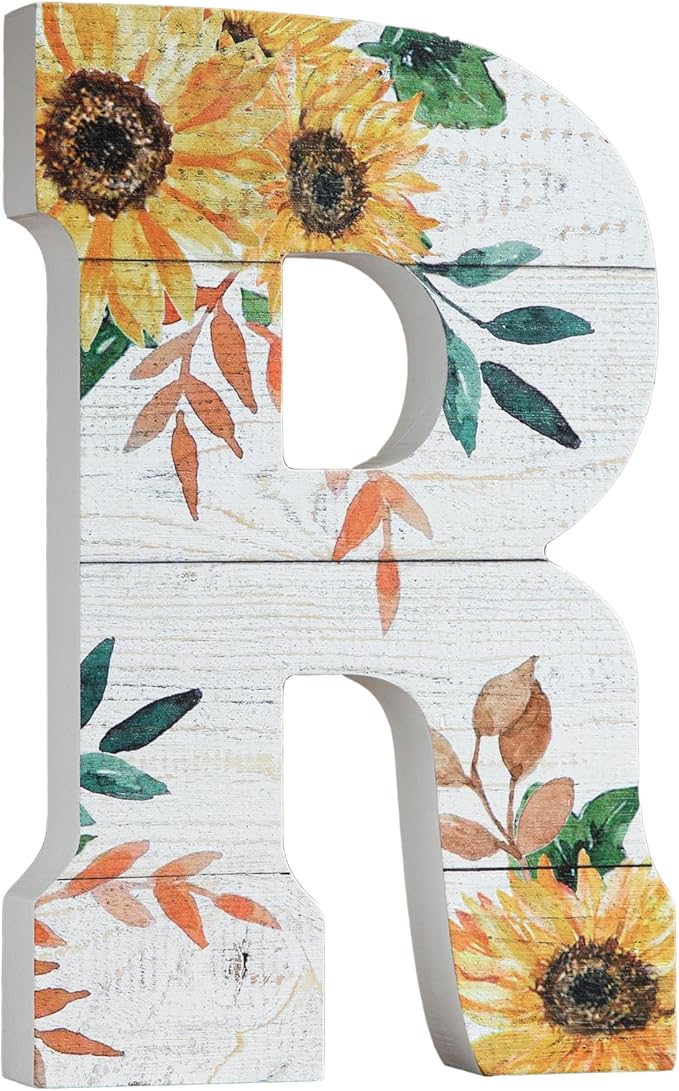 COLLECTIVE HOME - 10" Wood Lettes for Wall Decor, Sunflower Tabletop Alphabet Decoration, DIY Farmhouse Decor, Rustic Freestanding Monogram Block (R)