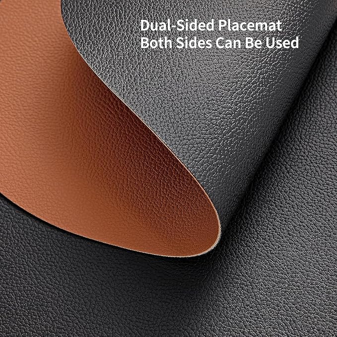 Myir JUN Placemats, Dual-Sided Placemats Waterproof Faux Leather Placemats Set of 4 Place Mats and Coasters Non-Slip Washable Table Mats for Dining Table (Black Brown, Set of 4)