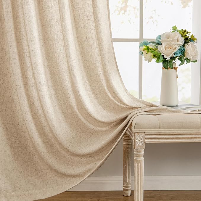 MIULEE Non-See-Through Privacy Linen Curtains 2 Panels, Light Filtering Window Curtains Farnhouse Textured Back Tab Semi Sheer Drapes for Bedroom Living Room, 52 x 72 Inches Long, Light Brown
