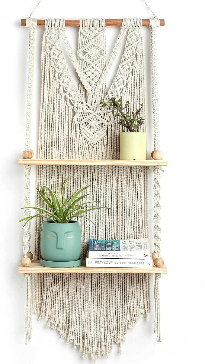 Macrame Wall Hanging Shelf - Boho Shelves Bedroom Decor | Macrame Wall Decor for Kitchen, Plant Hanger Shelves for Wall, Woven Rope Floating Shelves & Home Storage Organizer - 2 Tier
