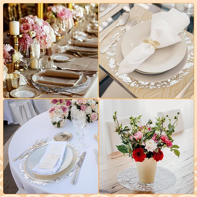 Sliver Placemats Disposable Round Table Mat 13 Inch Silver Foil Mesh Pressed Paper Placemat Sliver Tablecloths Table Runner for Party Wedding Home Dinners Table Decor (Silver, 50 Pcs)