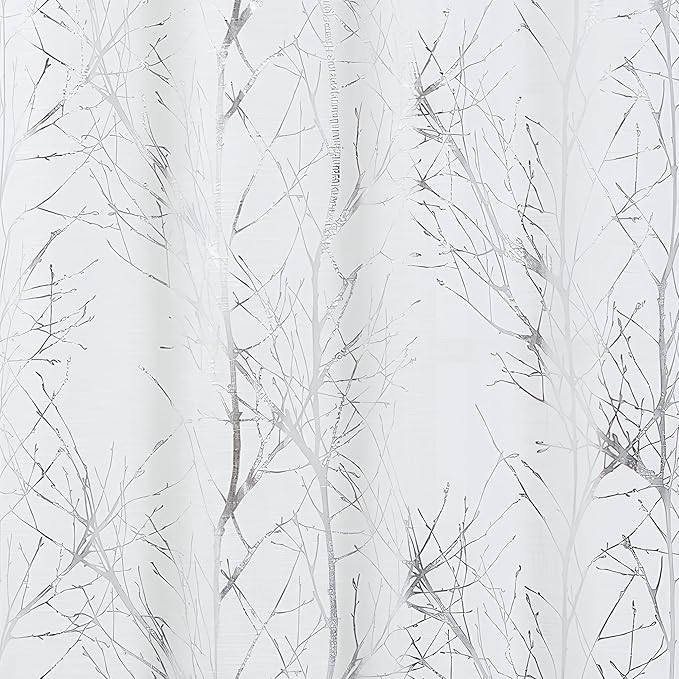 FMFUNCTEX Linen Semi Sheer Curtains for Living Room & Bedroom, Silver Metallic Print White Tree Panel, Light Filtering 84" Long Grommet Top 2 Panels