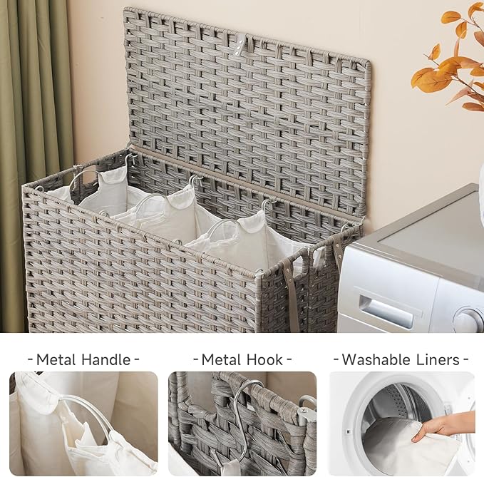 Laundry Hamper with Wheels, 52.8 Gallon(200L) Rolling Laundry Basket with Lid, 3-Section Rattan Clothes Hamper with 3 Removable Liner & 3 Mesh Bags, Laundry Sorter with Side Pocket, Grey
