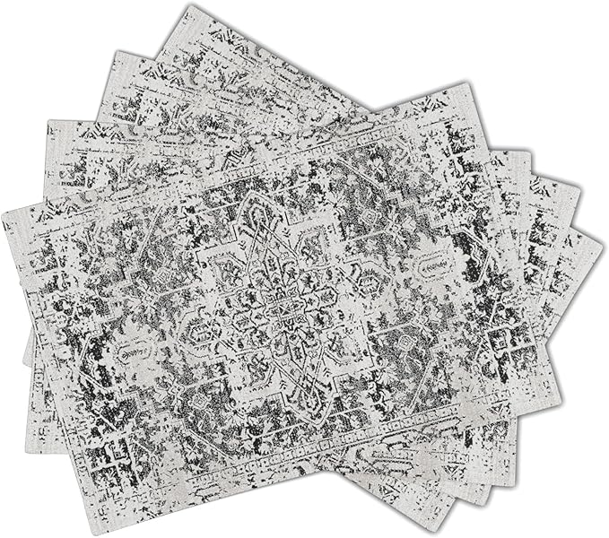 Gray Black Boho Placemats Set of 4 Ethnic Bohemian Carpet Place Mats Washable Kitchen Dining Vintage Grey Geography Floral Linen Table Mats Stain Heat-Resistant Cloth Tabel for Home Party 12x18 in