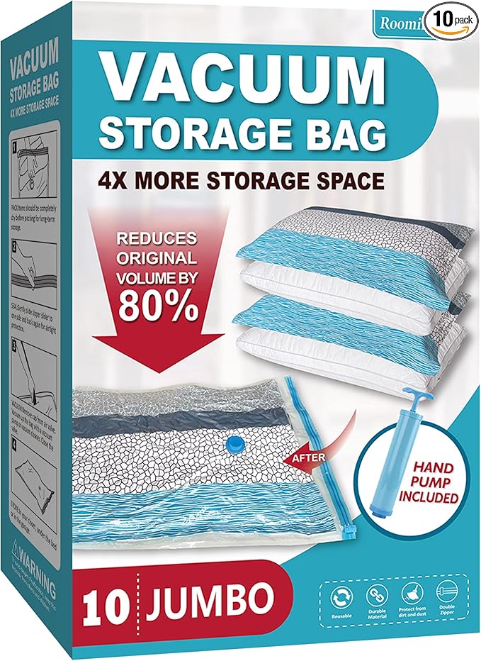 Vacuum Storage Bags - 10 Jumbo Space Saver Bags With Pump for Clothes, Comforters, Blankets, Bedding