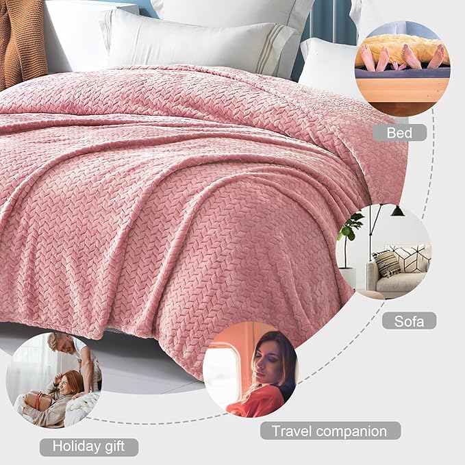 Exclusivo Mezcla Pink Fleece Queen Size Blanket for Bed, 90x90 Inches Soft Cozy Jacquard Flannel Blankets, Lightweight Fuzzy Plush Warm for All Seasons