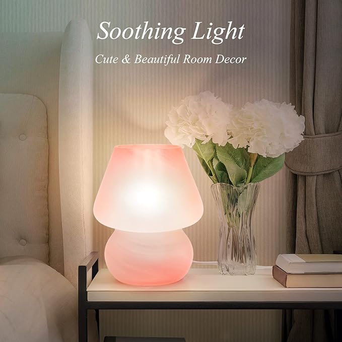 ONEWISH Mushroom Lamp Cute Table Lamp for Bedroom Nightstand Soft Light Pink, Small Glass Nightlight Stepless Dimmable Desk Lamp for Dining, Living, Nursery, Vanity, Home Decor Lamp for Girls Women