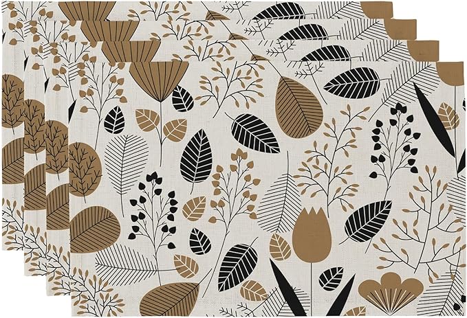 QIYI Boho Placemats Set of 4, 12x18 Inch Linen Fabric Place Mats for Kitchen Dinning, Farmhouse Rustic Graphic Leaves Cloth Table Mats, Brown Washable Placemat Party Table Décor, Botanical Line Art