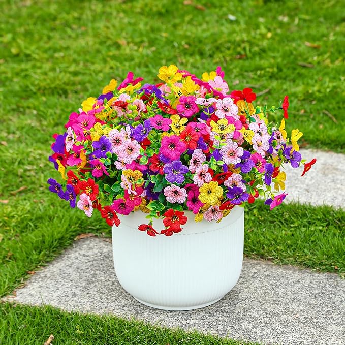 48 Bundles Artificial Flowers for Outdoors Decoration, UV Resistant Silk Violet with Leaf Grass and Eucalyptus Spring Fake Plants for Outside Indoor Yard Home Patio Porch Decor, Mix 5 Colors