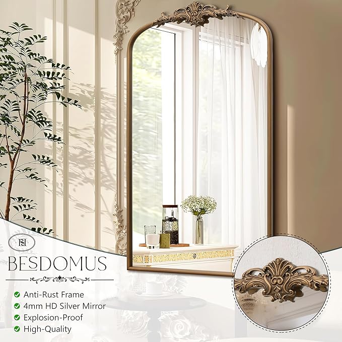 Antaque Baroque Arched Mirror: 24"x42" Gold Vintage Wall Mounted Mirror - Traditional Ornate Metal Frame - Ideal for Entryway/Living Room/Hallway/Bathroom