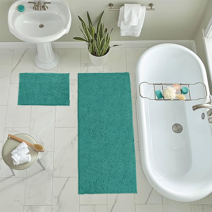 LuxUrux 2-Piece Bathroom Rug Set - Ultra-Plush Chenille Mats, Includes Runner Rug, Soft, Absorbent, Non-Slip & Stylish (27x47 & 16x24 inches, Turquoise)