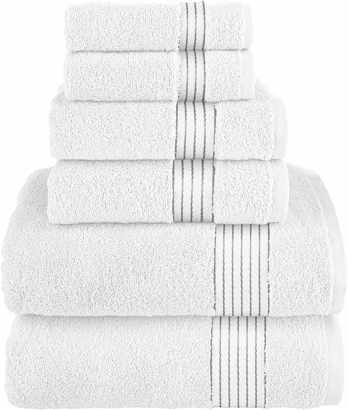 Elegant Comfort Premium Cotton 6-Piece Towel Set, Includes 2 Washcloths, 2 Hand Towels and 2 Bath Towels, 100% Turkish Cotton - Highly Absorbent and Super Soft Towels for Bathroom, White/Gray